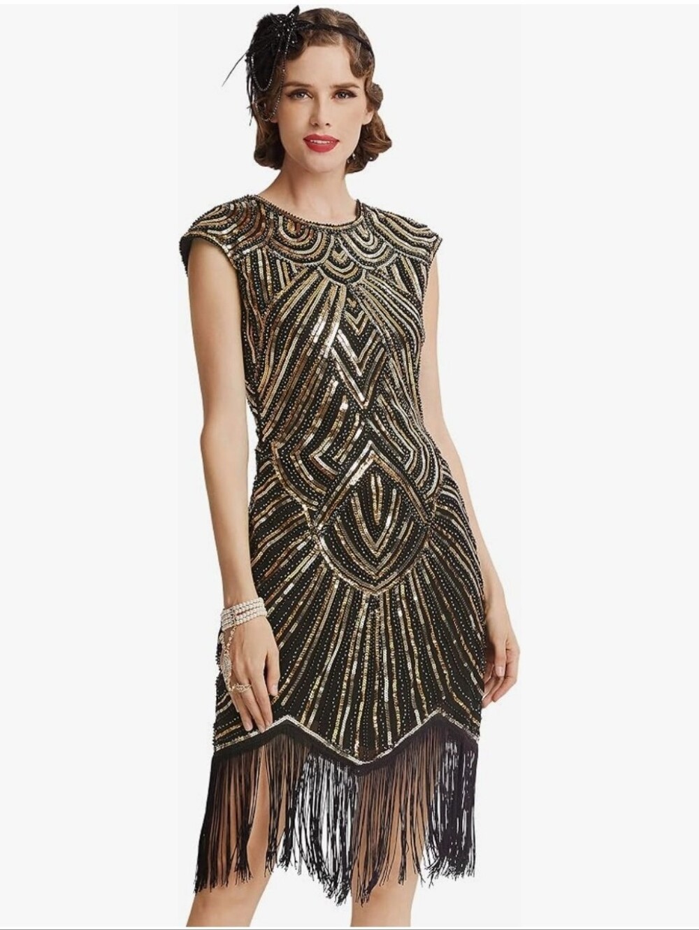 NWT BABEYOND 1920's Flapper Dress Medium Black/Gold Sequin Fringe Great Gatsby
